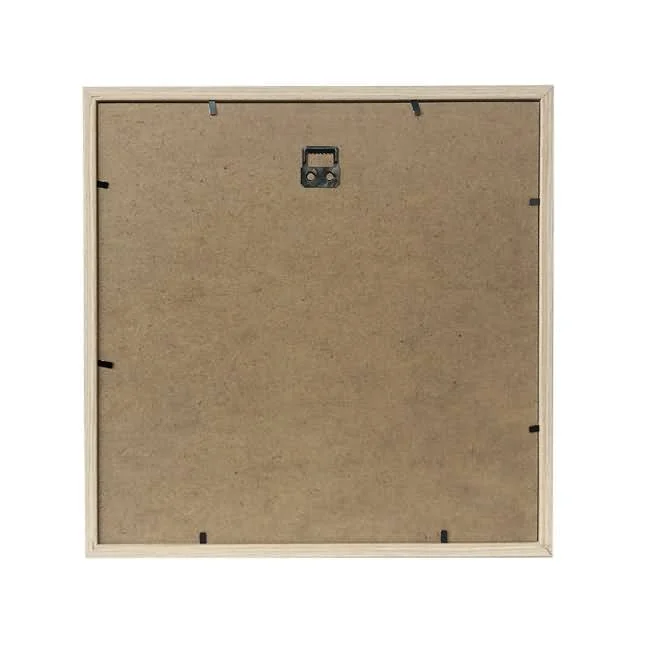 Rear view of a wooden photo frame showing a plain MDF back panel with hanging hardware and securing clips.