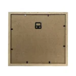 Back of a square wooden photo frame made of MDF, featuring secure clips and a central metal hanging hook for wall mounting.