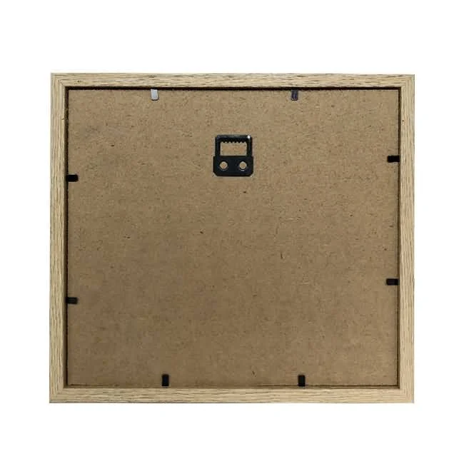 Back of a square wooden photo frame made of MDF, featuring secure clips and a central metal hanging hook for wall mounting.