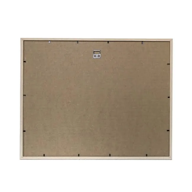 Rear view of a wooden photo frame's back panel, featuring an MDF backing, secure clasps, and a metal hanging hook.