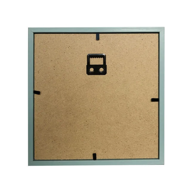 Back view of a square wooden photo frame with an MDF backing and attached hanging hardware for wall mounting.