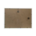Rear view of a rectangular wooden photo frame with an MDF back panel, hanging attachments, and secure clips.