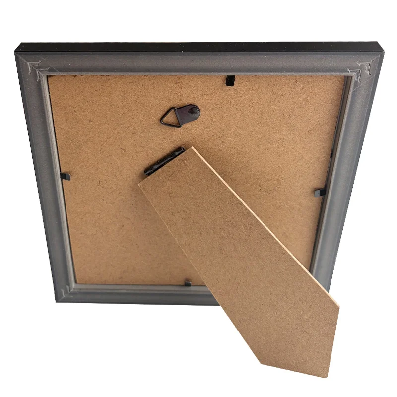 Back side of a square photo frame featuring an MDF backing, an easel stand for tabletop display, and a hook for hanging.
