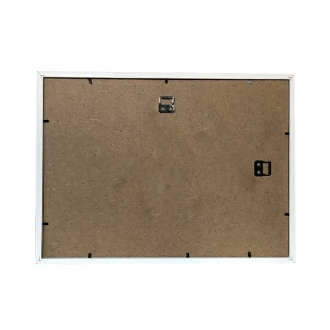 Rear view of a rectangular wooden photo frame with an MDF back panel, hanging attachments, and secure clips.
