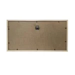 Back view of a rectangular MDF photo frame featuring a hanging hook and secure fasteners, with a beige backing.