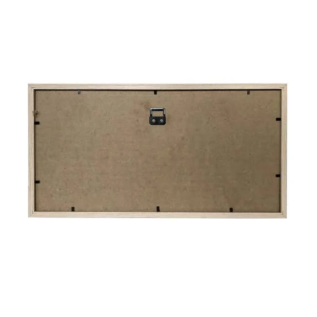 Back view of a rectangular MDF photo frame featuring a hanging hook and secure fasteners, with a beige backing.