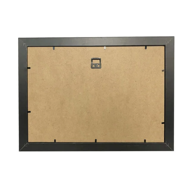 Back view of rectangular MDF photo frame with black edges and attached hanging hardware in a minimalist design.