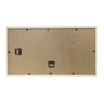 Back view of a rectangular wooden photo frame featuring two metal hooks for wall mounting and multiple fasteners on a plain background.