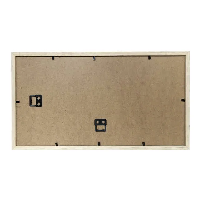 Back view of a rectangular wooden photo frame featuring two metal hooks for wall mounting and multiple fasteners on a plain background.