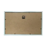 Back view of a rectangular photo frame showing a plain MDF backing board, metal mounting hook, and secure clips.