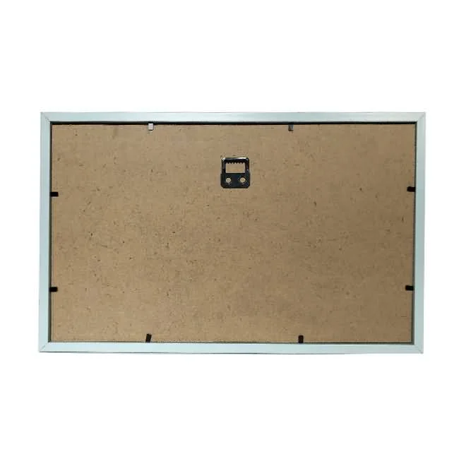 Back view of a rectangular photo frame showing a plain MDF backing board, metal mounting hook, and secure clips.