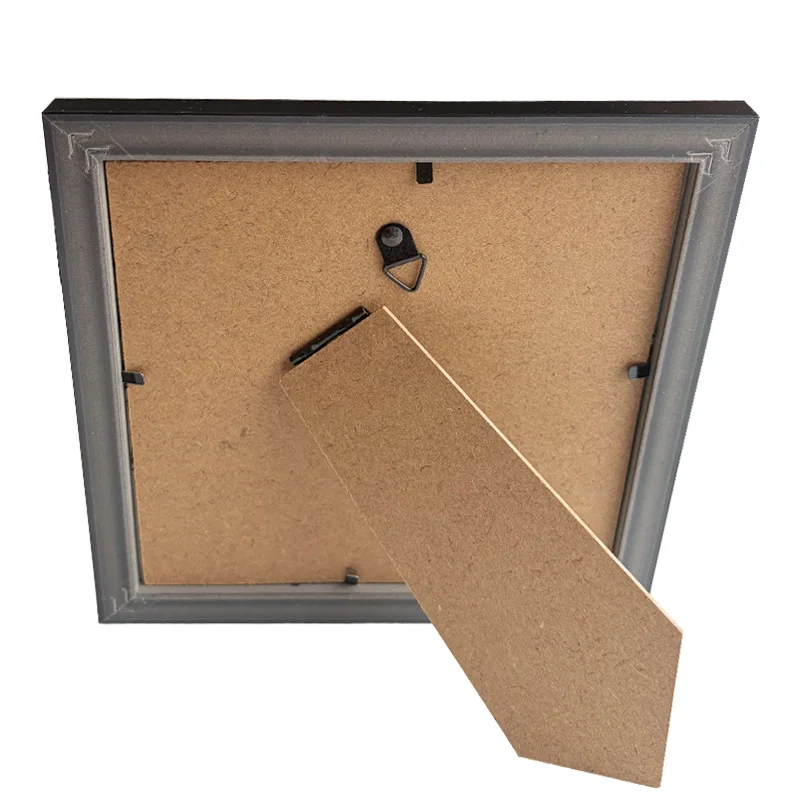 Back view of a square photo frame featuring a wooden easel stand and a metal hanging hook, showcasing its versatility for display.