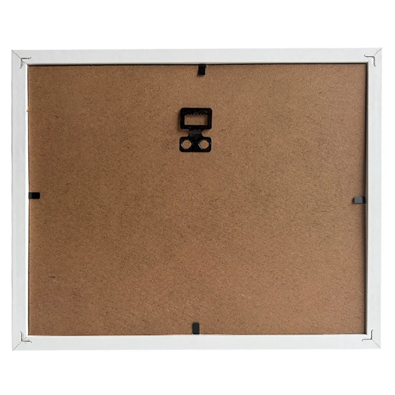 Back view of a rectangular photo frame showing MDF backing, mounting hardware, and corner details.