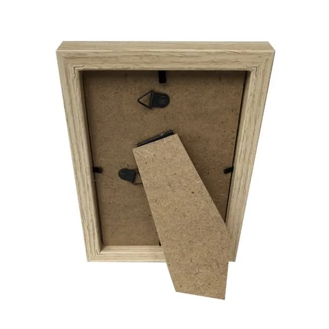 Back view of a wooden photo frame featuring a foldable stand and hanging hooks for versatile display options.
