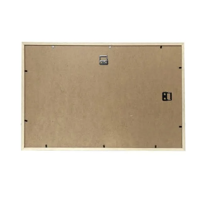 Backside view of an MDF photo frame featuring wall mount hardware and a simple wood frame.