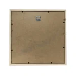 Backside of an MDF photo frame showing a wooden border, a metal hanging hook at the center top, and clips for securing the back panel.