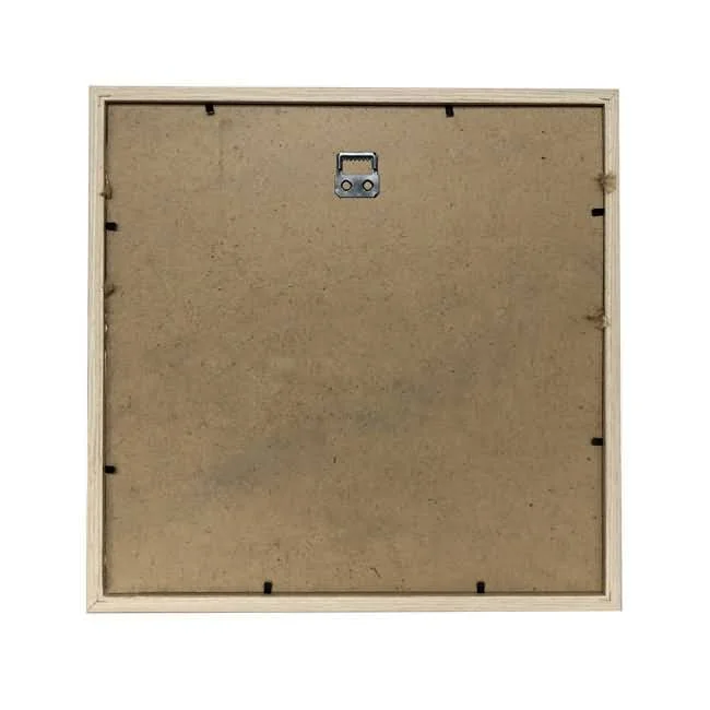 Backside of an MDF photo frame showing a wooden border, a metal hanging hook at the center top, and clips for securing the back panel.