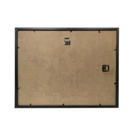 The backside of a wood picture frame with two metal wall mount fixtures and a black frame border.