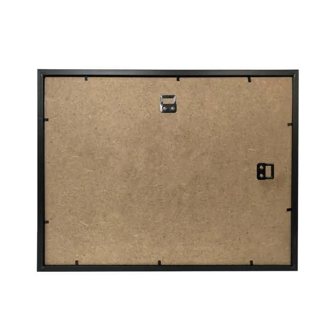 The backside of a wood picture frame with two metal wall mount fixtures and a black frame border.