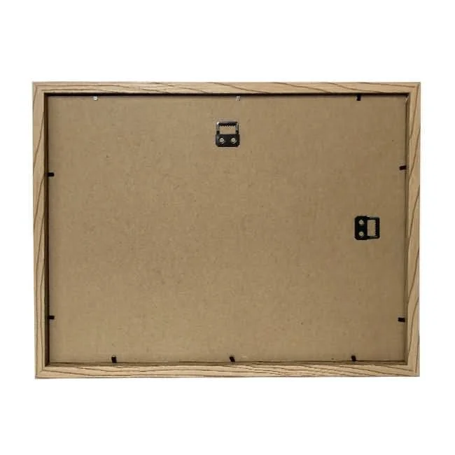 Back view of a rectangular wooden photo frame featuring wall mounting hooks and a sturdy MDF backing panel.
