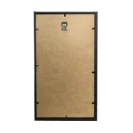 Back view of a wooden photo frame with MDF backing, black border, and a metal hanging hook at the top center.