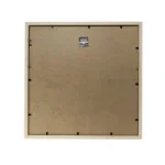 Back side of a square wooden photo frame made of MDF with a metal hanging loop at the top center and secure clips along the edges.