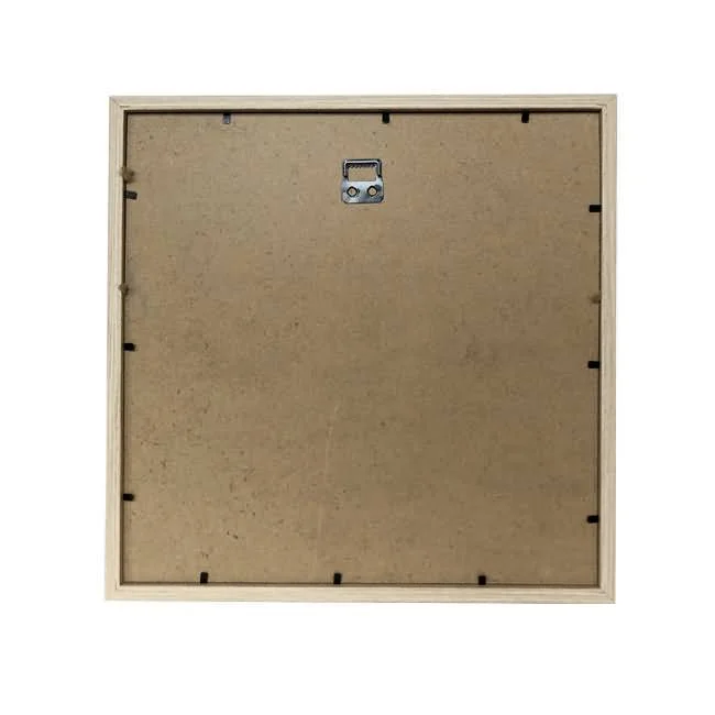 Back side of a square wooden photo frame made of MDF with a metal hanging loop at the top center and secure clips along the edges.
