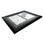 Black photo frame with dual collage design featuring botanical artwork, angled view highlighting sleek design.