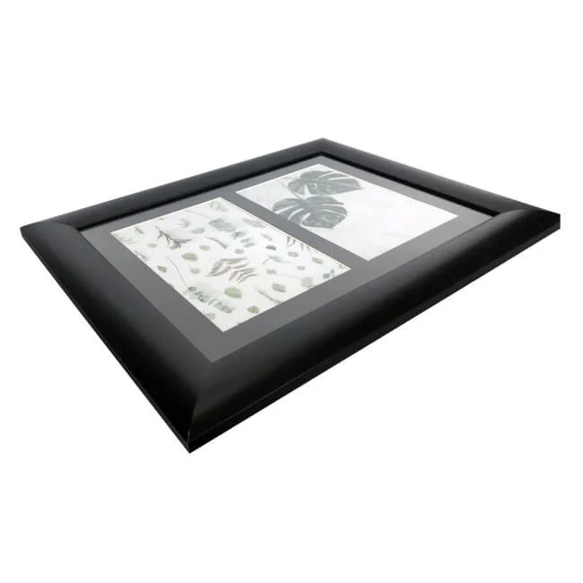 Black photo frame with dual collage design featuring botanical artwork, angled view highlighting sleek design.
