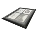 Black photo frame with four collage sections featuring text designs and black-and-white photography.