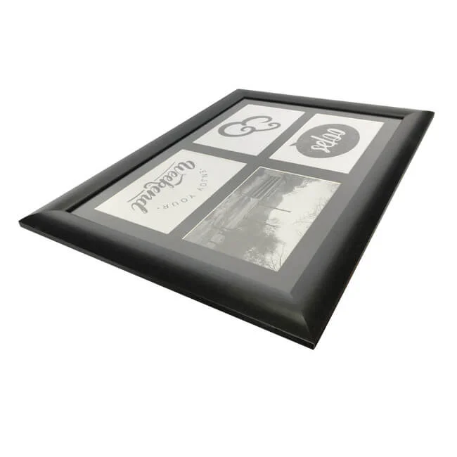 Black photo frame with four collage sections featuring text designs and black-and-white photography.