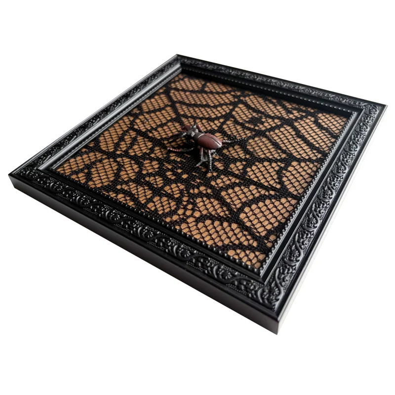 Square black photo frame with intricate lace design and a decorative beetle accent in the center, resting on a light background.