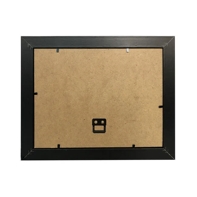 Back view of a black MDF photo frame with hooks for wall mounting and secure tabs for fixing the backing.