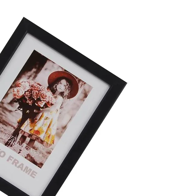 Elegant black photo frame with a modern design, featuring a sepia-tone image of a girl holding flowers in a yellow dress.