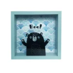 Light blue photo frame featuring a cartoon bear with the text 'Boo!' against a blue patterned background.