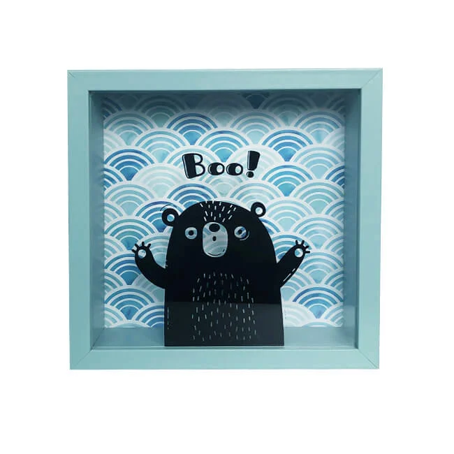 Light blue photo frame featuring a cartoon bear with the text 'Boo!' against a blue patterned background.