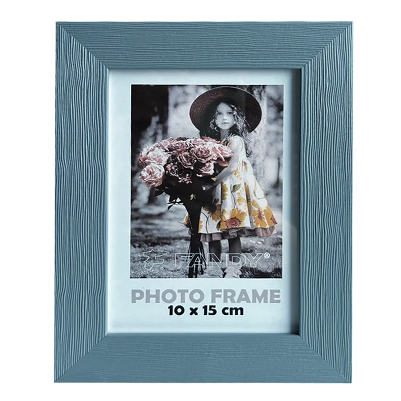 Blue textured photo frame with a 10x15 cm display, showcasing an image of a girl holding flowers.