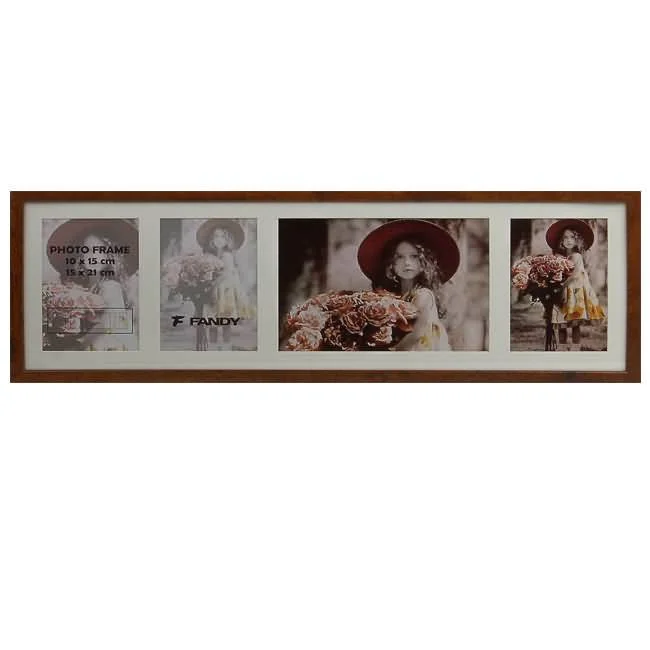 Brown rectangular wooden multi-photo frame with four slots displaying images, including a child holding flowers and placeholder text.