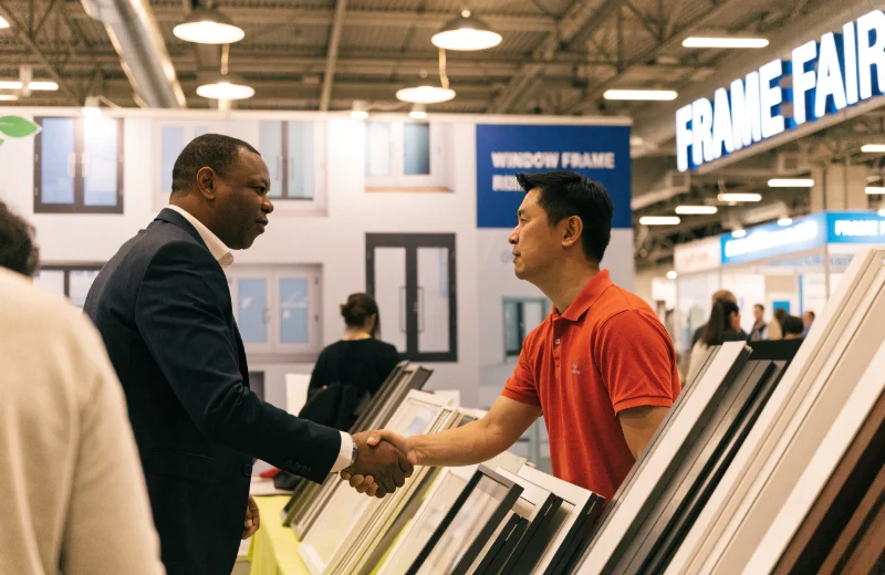 A purchasing manager shaking hands with a supplier at their booth in a frame fair.