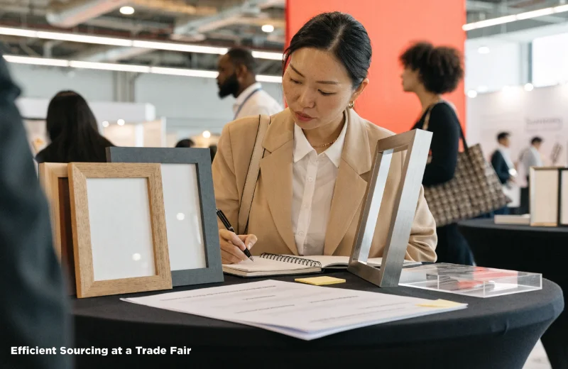 A sourcing manager taking notes while comparing frame samples from different suppliers at a fair.