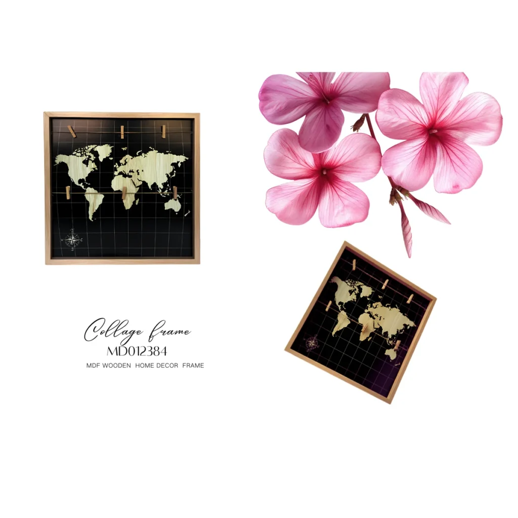 Wooden collage frame with a world map design, featuring small clips for attaching photos or notes. Pink floral elements are also included in the image.