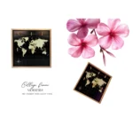 Wooden collage frame with a world map design, featuring small clips for attaching photos or notes. Pink floral elements are also included in the image.