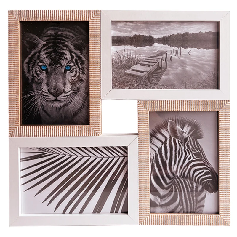 A multi-photo frame with four sections displaying black-and-white images of a tiger, zebra, a landscape, and palm leaves.