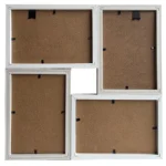 Back view of a multi-photo collage frame with four sections and MDF backing, featuring clips for securing photos.