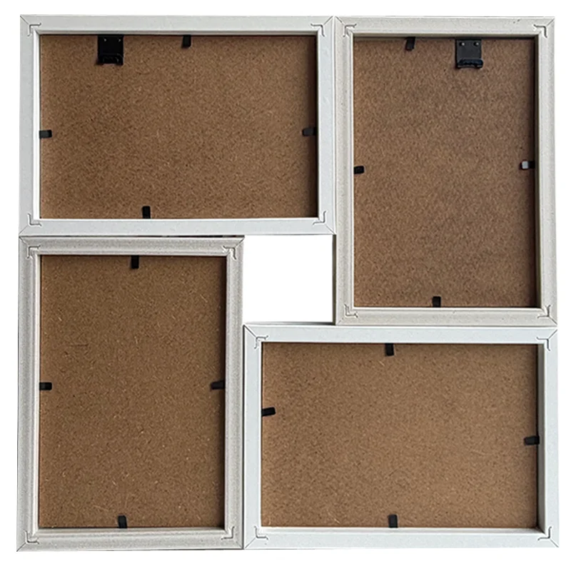Back view of a multi-photo collage frame with four sections and MDF backing, featuring clips for securing photos.