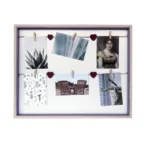 Wooden collage photo frame featuring decorative mini clothespins and red heart accents, displaying various photos and artworks.