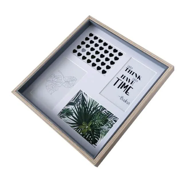 A square wooden collage photo frame featuring four sections with heart shapes, text art, and botanical designs.