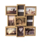 A stylish wooden collage photo frame displaying multiple photos, including landscapes, a ferris wheel, a dog, and motivational text like 'Enjoy Life' and 'Have Fun'.