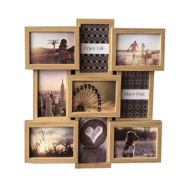 A stylish wooden collage photo frame displaying multiple photos, including landscapes, a ferris wheel, a dog, and motivational text like 'Enjoy Life' and 'Have Fun'.