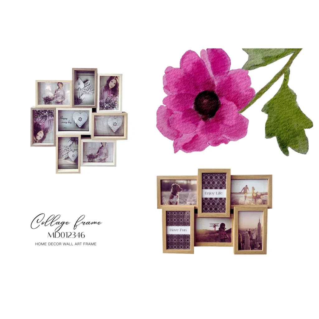 Two wooden collage photo frames featuring multiple picture slots, accompanied by a vibrant pink watercolor flower design.
